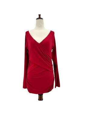 Sundance Womens Small Top Faux Wrap Ruched Red Long Sleeve Fitted